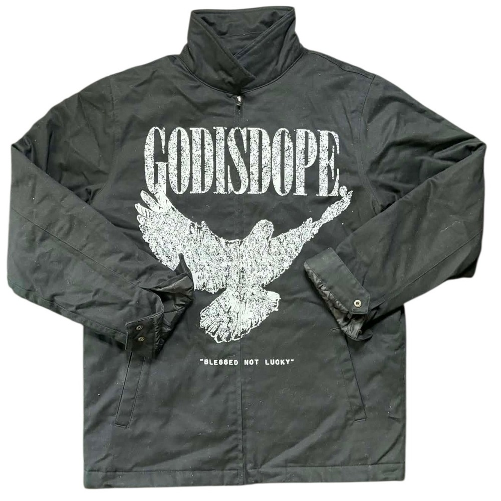 God Is Dope GID Blessed Not Lucky Dove Graphic Jacket Black Mens Large Zip Up‎